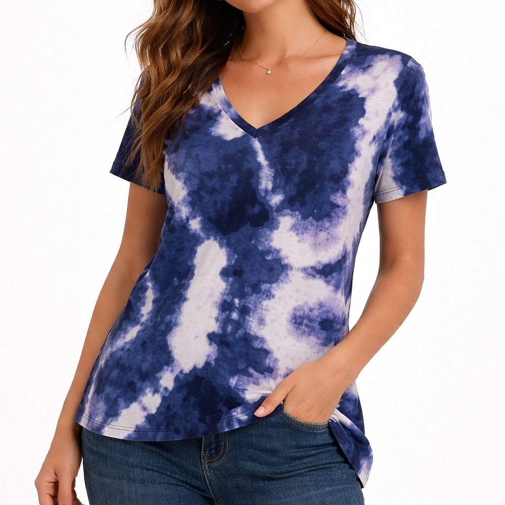DKNY Blue and Purple Tie-Dye V-Neck Short Sleeve T-shirt
